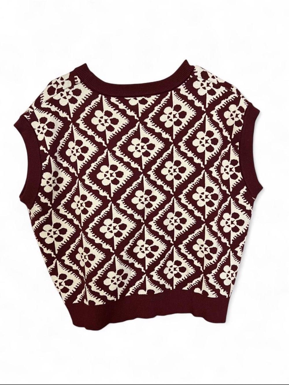Cider Burgundy & Cream Floral Diamond Knit Sweater Vest